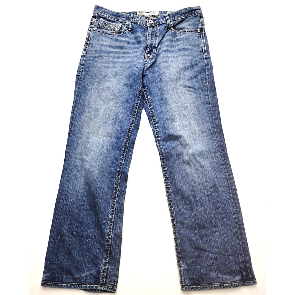 BKE Seth Relaxed Straight Jeans Mens 34x31 Light Wash Blue Denim Thick Stitch